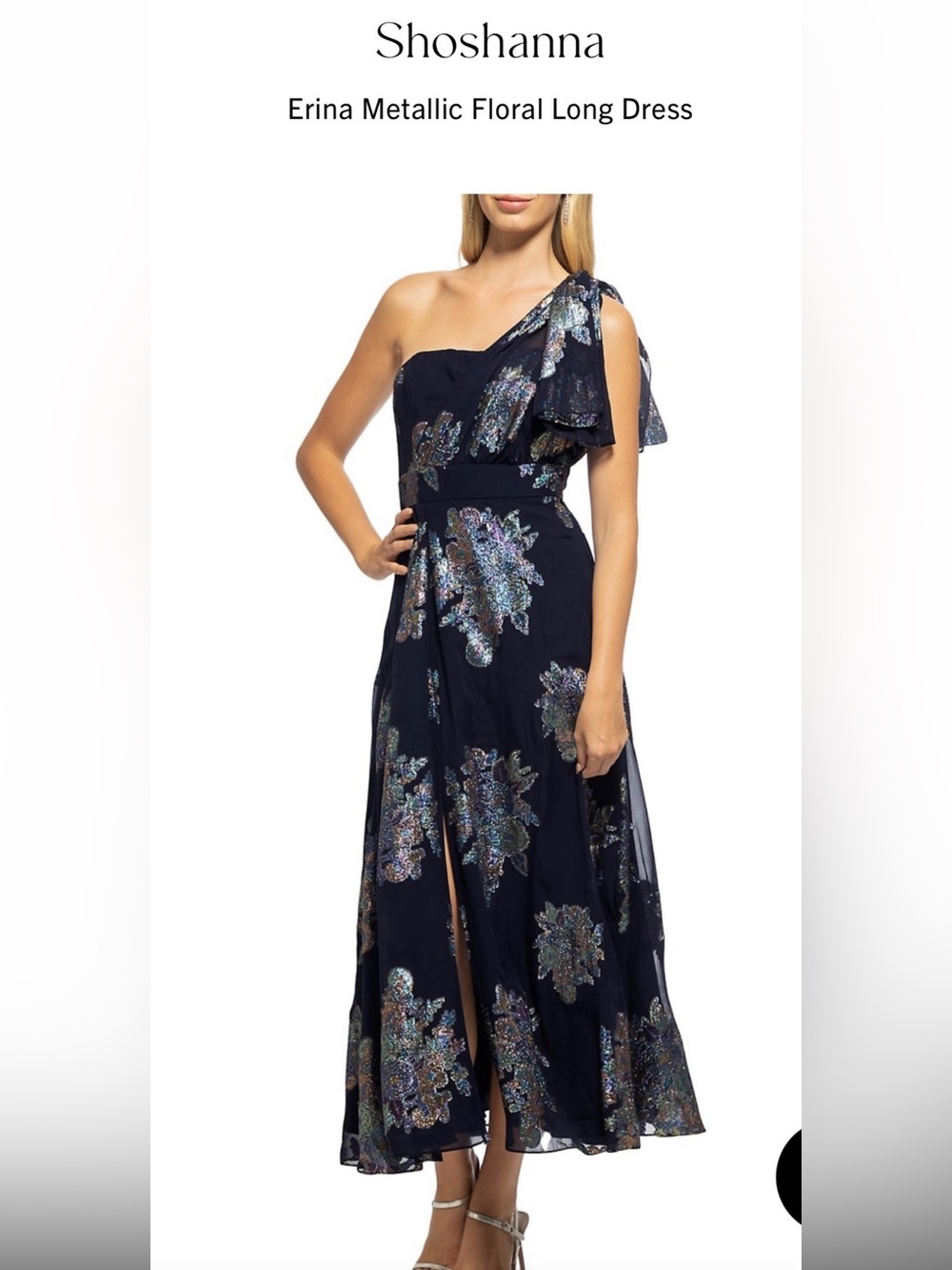 Shoshanna Navy One-Shoulder Evening Gown with Metallic Floral Accents